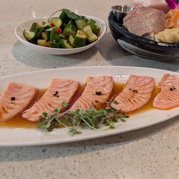 EMC Seafood & Raw Bar - Cucumber salad, sashimi sampler and salmon carpaccio (clockwise from the top) - Seafood Near Me - San Jose, California EMC Seafood & Raw Bar - Cucumber salad, sashimi sampler and salmon carpaccio (clockwise from the top) - Seafood Near Me - San Jose, California