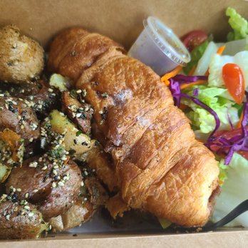 Cafe N One - Pork Belly Croissant with potatoes and salad - Desserts Near Me - Markham, Ontario