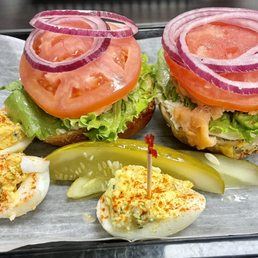 Nova lox on an everything+cheese bagel, spicy deviled eggs