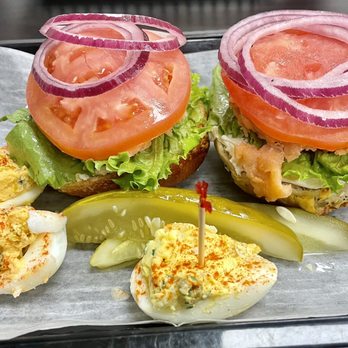 Greenfields NY Deli & Bagels - Nova lox on an everything+cheese bagel, spicy deviled eggs - Bakeries Near Me - Greensboro, North Carolina