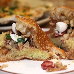 Banh - Inside of Bánh Tiêu ($13.95) - savory stuffed Vietnamese donut with sticky rice, sausage, quail egg, pork floss, patê, sc