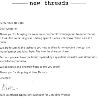New Threads - Letter from New Threads explaining why they won't help with jacket. Fabric is shredded and falling apart after only being worn 4 times. - Women's Clothing Near Me - Corte Madera, California
