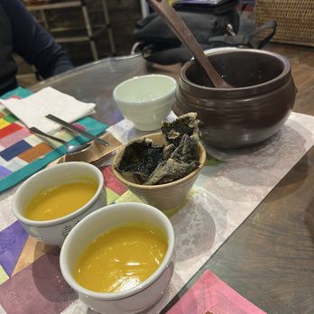 Borit Gogae - Pumpkin porridge and fish skin with roasted rice tea - Korean Near Me - Los Angeles, California Borit Gogae - Pumpkin porridge and fish skin with roasted rice tea - Korean Near Me - Los Angeles, California