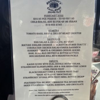 Shakespeare's Corner Shoppe - February menu - Specialty Food Near Me - San Diego, California