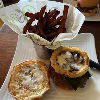 Liberty Burger - Bella mushroom burger with onion ring and pepper as an add on. - Burgers Near Me - Jackson, Wyoming