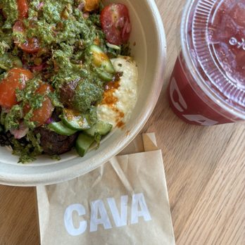CAVA - Spicy Greens bowl with pita and Blueberry Lavender tea. - Mediterranean Near Me - Newington, Connecticut