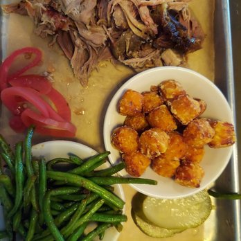 Old Country Place - Pulled pork platter with sweet tater tots & green beans - Barbeque Near Me - Canton, Georgia Old Country Place - Pulled pork platter with sweet tater tots & green beans - Barbeque Near Me - Canton, Georgia