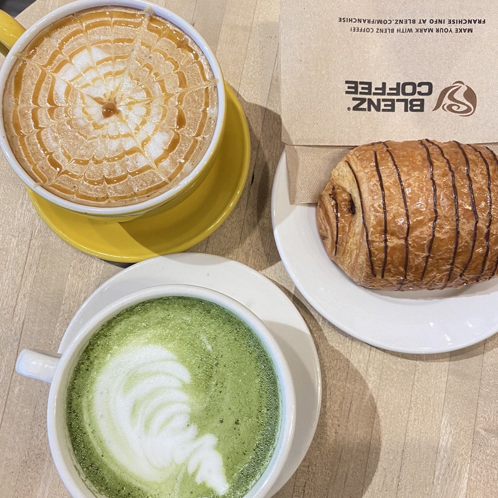 - Matcha latte, sweetened with vanilla - Caramel macchiato - Chocolate croissant - Matcha latte, sweetened with vanilla - Caramel macchiato - Chocolate croissant