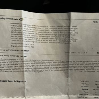 Dependable Car Care - Second half of receipt... $1,114 - Auto Repair Near Me - Ventura, California