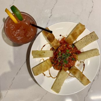 Taverna - blood orange margarita and bruschetta - Pizza Near Me - Plano, Texas