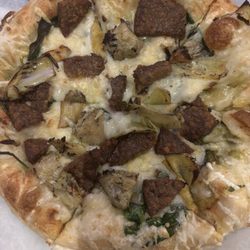 Crooked Cue - Vegan sausage artichoke and spinach pizza