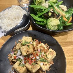 Oriental Tea House - Salt & Pepper Tofu, mixed vegetables & rice.