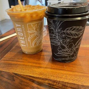 Theory Coffee Roasters - Iced latte with oat mile and hot latte with whole milk - Coffee & Tea Near Me - Redding, California Theory Coffee Roasters - Iced latte with oat mile and hot latte with whole milk - Coffee & Tea Near Me - Redding, California