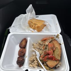 Healthfull Essence - Un-Fish, cornbread, Rice and Peas, plantains