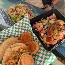 Mi Gusto Es Mariscos y Mas Estilo Nayarit - Tacos gobernador, tostada de camarón cocido, and mi gusto es tostada