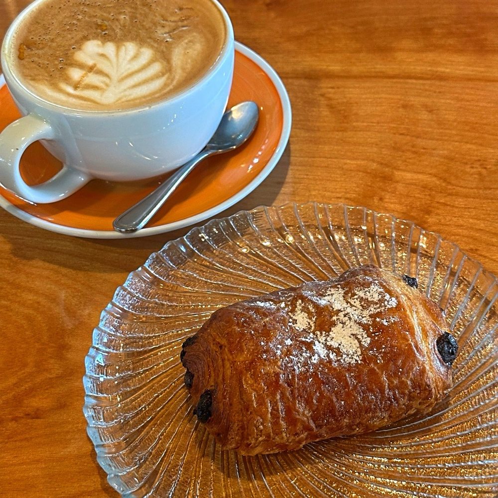 Chocolate croissant and maple lavender latte Chocolate croissant and maple lavender latte
