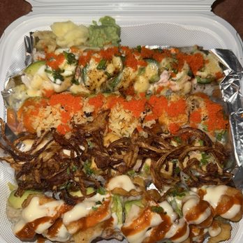Sushimono - Top to bottom: garlic salmon, chef special, WOW, Popcorn lobster. All great! - Japanese Near Me - Fair Oaks, California