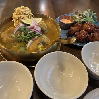 Bangkok street food - Khao Soi Gai - with chicken and a side of Chicken Karage - Thai Near Me - Chamblee, Georgia