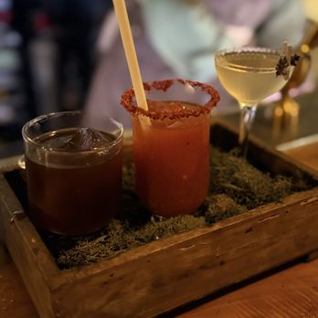 Bar Orso - Three on a Vine - a tomato martini, Bloody Mary, and a cocktail tasted like a light tomato manhattan - Cocktail Bars Near Me - San Francisco, California