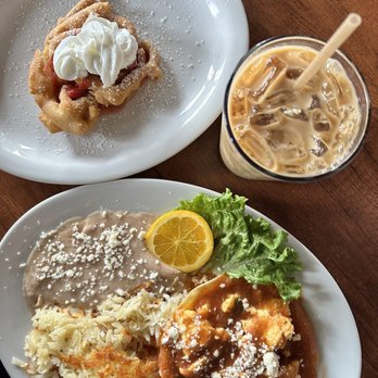 Loru’s Cafe - Huevos Rancheros and Funnel Cake (1) and mocha Latte - Breakfast & Brunch Near Me - Camarillo, California Loru’s Cafe - Huevos Rancheros and Funnel Cake (1) and mocha Latte - Breakfast & Brunch Near Me - Camarillo, California
