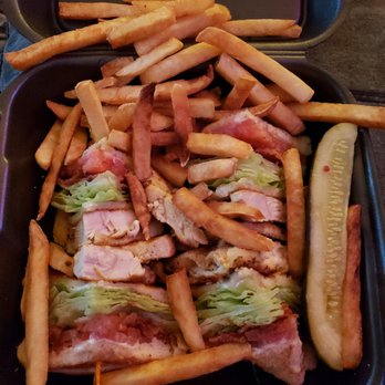 Andys Breakfast & Lunch - Grilled chicken club to-go, fries and a pickle - Breakfast & Brunch Near Me - Lynn, Massachusetts