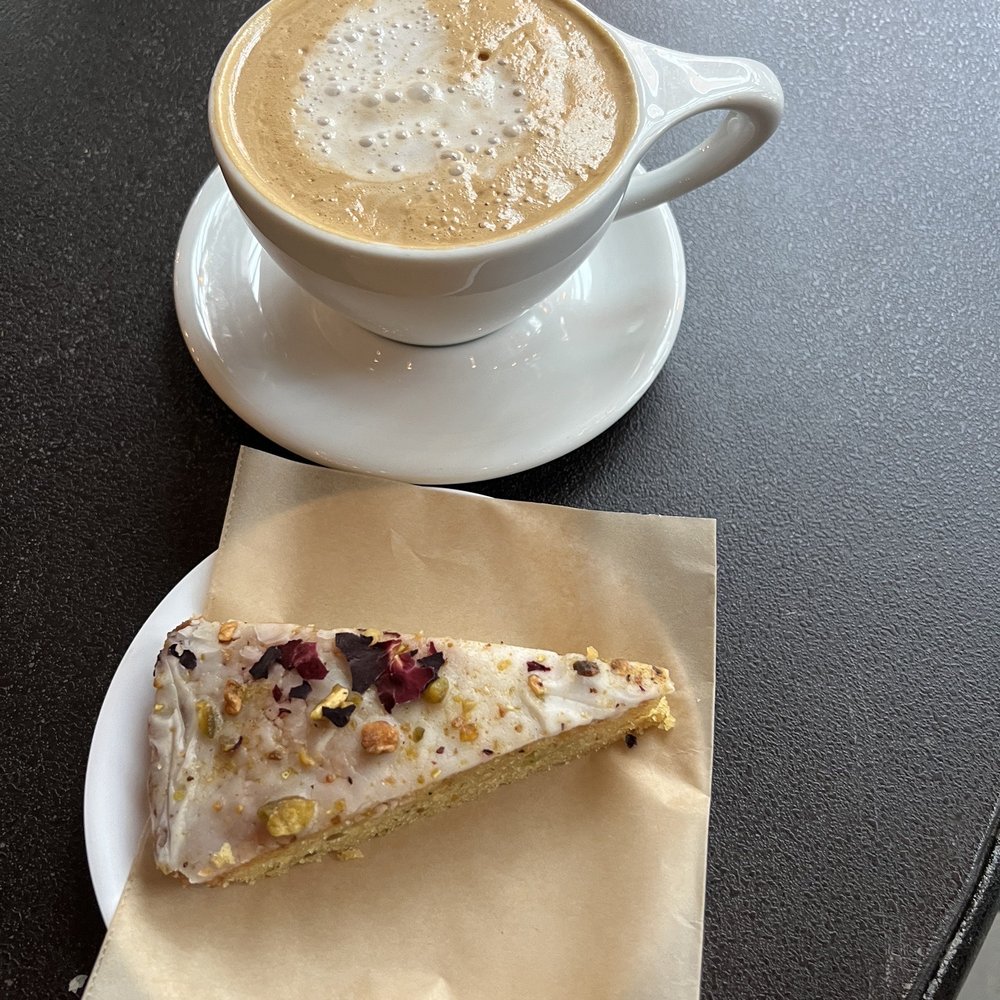Third Culture Coffee - Cardamom latte and pistachio rose cake - Coffee & Tea Near Me - Bellevue, Washington Third Culture Coffee - Cardamom latte and pistachio rose cake - Coffee & Tea Near Me - Bellevue, Washington