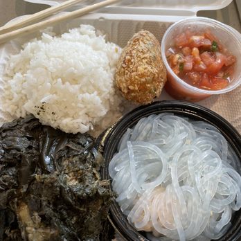 Masa & Joyce Okazuya - LauLau plate with corn beef hash croquette. - Hawaiian Near Me - Kaneohe, Hawaii