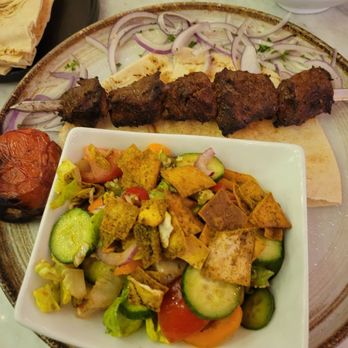Olive & Grill - Filet Mignon Kebabs substituting rice with Fatoosh Salad - Mediterranean Near Me - Studio City, California Olive & Grill - Filet Mignon Kebabs substituting rice with Fatoosh Salad - Mediterranean Near Me - Studio City, California