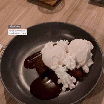 Incheon Restaurant - Yakgwa (a korean traditional cookie kind of) with spicy chocolate and vanilla icecream/whipped cream - Korean Near Me - Annandale, Virginia Incheon Restaurant - Yakgwa (a korean traditional cookie kind of) with spicy chocolate and vanilla icecream/whipped cream - Korean Near Me - Annandale, Virginia
