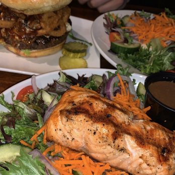 Mews Tavern - House salad with Salmon, Rodeo Burger - American Near Me - Wakefield, Rhode Island Mews Tavern - House salad with Salmon, Rodeo Burger - American Near Me - Wakefield, Rhode Island