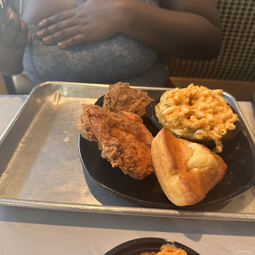 Fried chicken, mac and cheese, and cornbread. Fried chicken, mac and cheese, and cornbread.