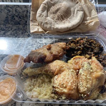 Jerusalem Chicken - 3. Lemon and Garlic Chicken Plate - sides: cauliflower fritter and greens - Mediterranean Near Me - Los Angeles, California Jerusalem Chicken - 3. Lemon and Garlic Chicken Plate - sides: cauliflower fritter and greens - Mediterranean Near Me - Los Angeles, California
