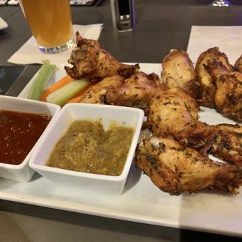HELLUVA Brewing Company - Wings - naked, smoked &  served with side sauces. Pineapple Habanero & BBQ Peach. They were ok! - Brewpubs Near Me - Chandler, Arizona