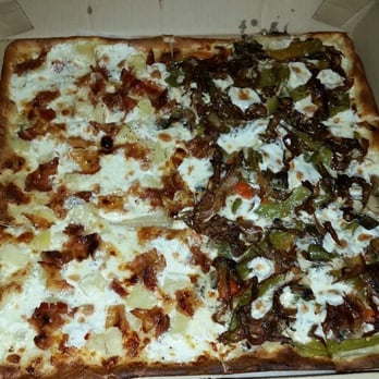 Mamma Flora's Trattoria - Favorite Pizza, Half white Bacon and Pineapple/ Half Peppers Onions and Mushrooms. Brooklyn style! - Italian Near Me - Ewing, New Jersey Mamma Flora's Trattoria - Favorite Pizza, Half white Bacon and Pineapple/ Half Peppers Onions and Mushrooms. Brooklyn style! - Italian Near Me - Ewing, New Jersey