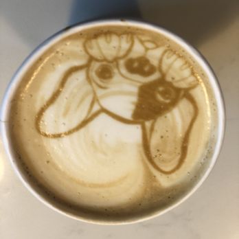 Grinder’s Coffee Bar - Custom coffee art that uses espresso powder I believe? So fun - Coffee & Tea Near Me - Houston, Texas Grinder’s Coffee Bar - Custom coffee art that uses espresso powder I believe? So fun - Coffee & Tea Near Me - Houston, Texas