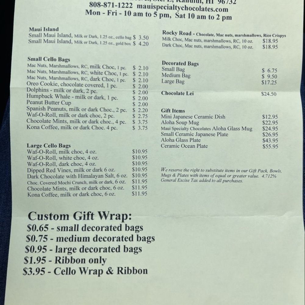 Maui Specialty Chocolates - Price list - Desserts Near Me - Kahului, Hawaii Maui Specialty Chocolates - Price list - Desserts Near Me - Kahului, Hawaii