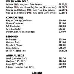 Price Lists for our Wash and Fold services