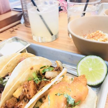 Bartaco Chastain Park - (Left to right) Shrimp, carnita, chicken, and baja fish taco! With a side of Mexican corn off cob and a margarita - Mexican Near Me - Atlanta, Georgia