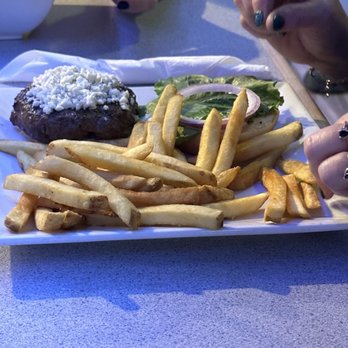 Fishbones Raw Bar And Restaurant - Angus Burger with blue cheese and fries - Seafood Near Me - Duck, North Carolina