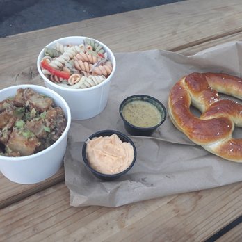 Mad Duck Haus - Pasta and potato salad and pretzel. - Food Trucks Near Me - Clovis, California