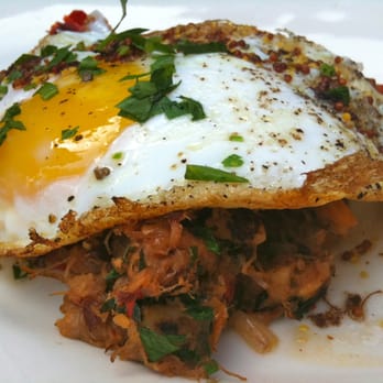 Gjelina - Sunny Duck Egg with Duck Confit-Potato Hash & Grainy Mustard - New American Near Me - Venice, California Gjelina - Sunny Duck Egg with Duck Confit-Potato Hash & Grainy Mustard - New American Near Me - Venice, California