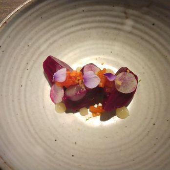 Madcap - Course 6: Beets, persimmon, watermelon, shaved radish, yuzu gel, white ponzu, lime zest.  Johnny jump up flower. - New American Near Me - San Anselmo, California