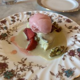 Pistachio Financier with raspberry sorbet added