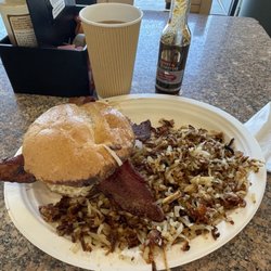Breakfast Burger ($15) with Hash Browns and hot sauce bar, instead of fries.