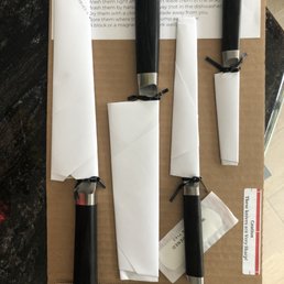 Knives returned wrapped safely and with a band-aid to remind you how sharp they are. Knives returned wrapped safely and with a band-aid to remind you how sharp they are.