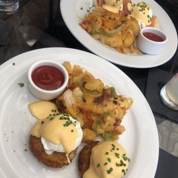 Perch - Top plate is Smoked Salmon Benedict & bottom plate is the Crab Benedict - Lounges Near Me - Los Angeles, California