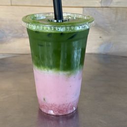 Strawberry matcha latte with extra shot of matcha Strawberry matcha latte with extra shot of matcha