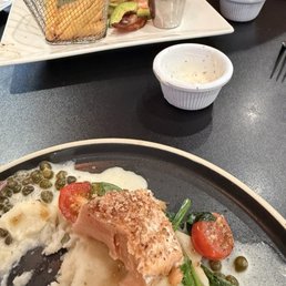 Salmon and calorie burger half eaten! Salmon and calorie burger half eaten!