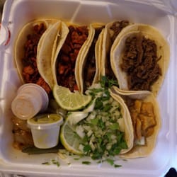 Chevron - 2 Pastor/tropo;2 Barbacoa; 1 fajita; 1 chiccharon from left to right
