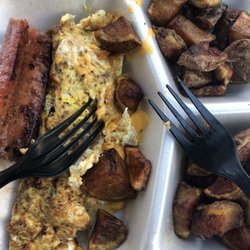 Scrambled Eggs w/ Cheese, Beef Sausage & Home Fries?!